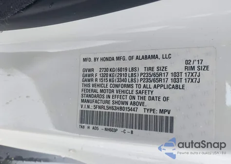 2017 Honda Odyssey Ex-L z USA, uszkodzony, nr VIN 5FNRL5H63HB015447